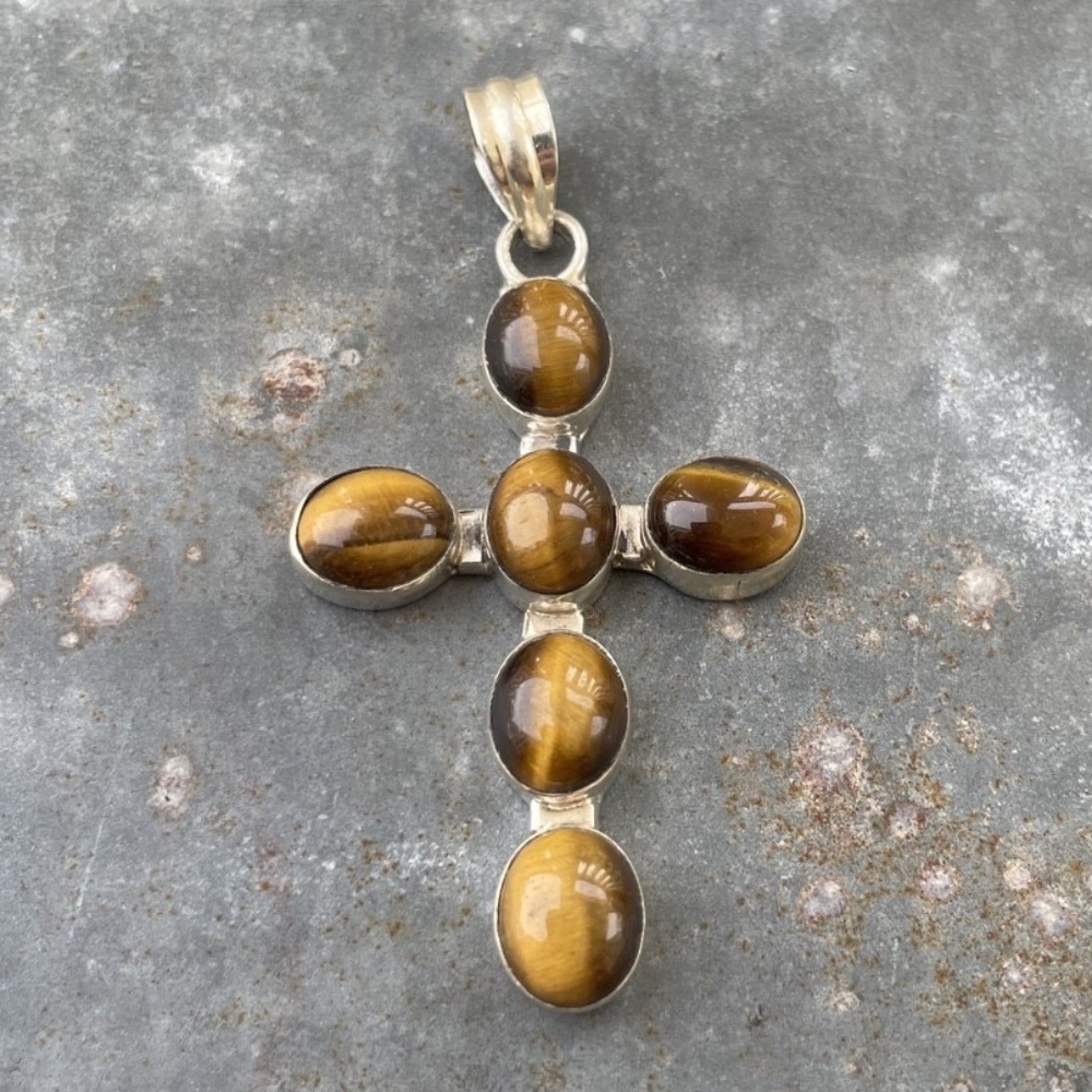 Vintage 925 Sterling Silver Tiger's Eye Cross Pendant